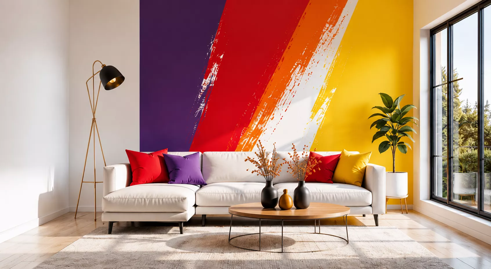 Modernes Wohnzimmer mit farbenfroher Wandgestaltung in Lila, Rot, Orange und Gelb